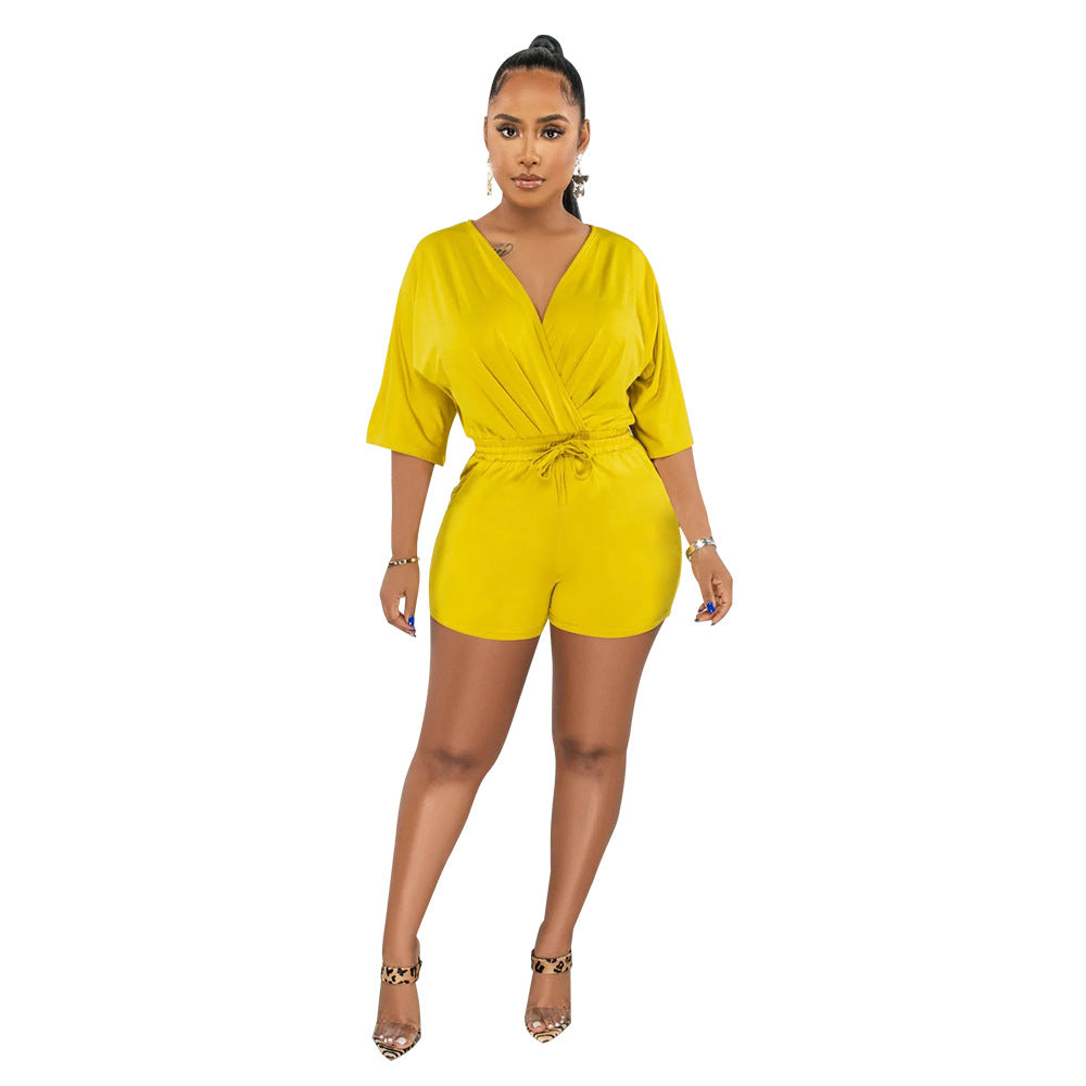 Women Solid Color V Neck Fitted Waist Jumpsuit Casual Shorts Yellow