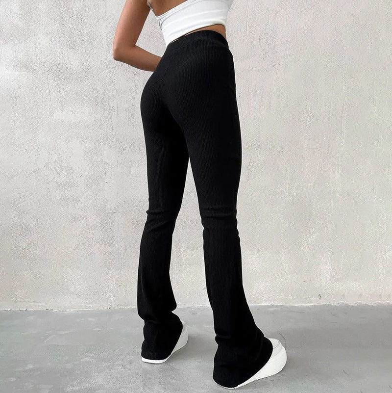 Women Clothing Autumn High Waist Slim-Fit All-Matching Slightly Flared Casual Trousers Black