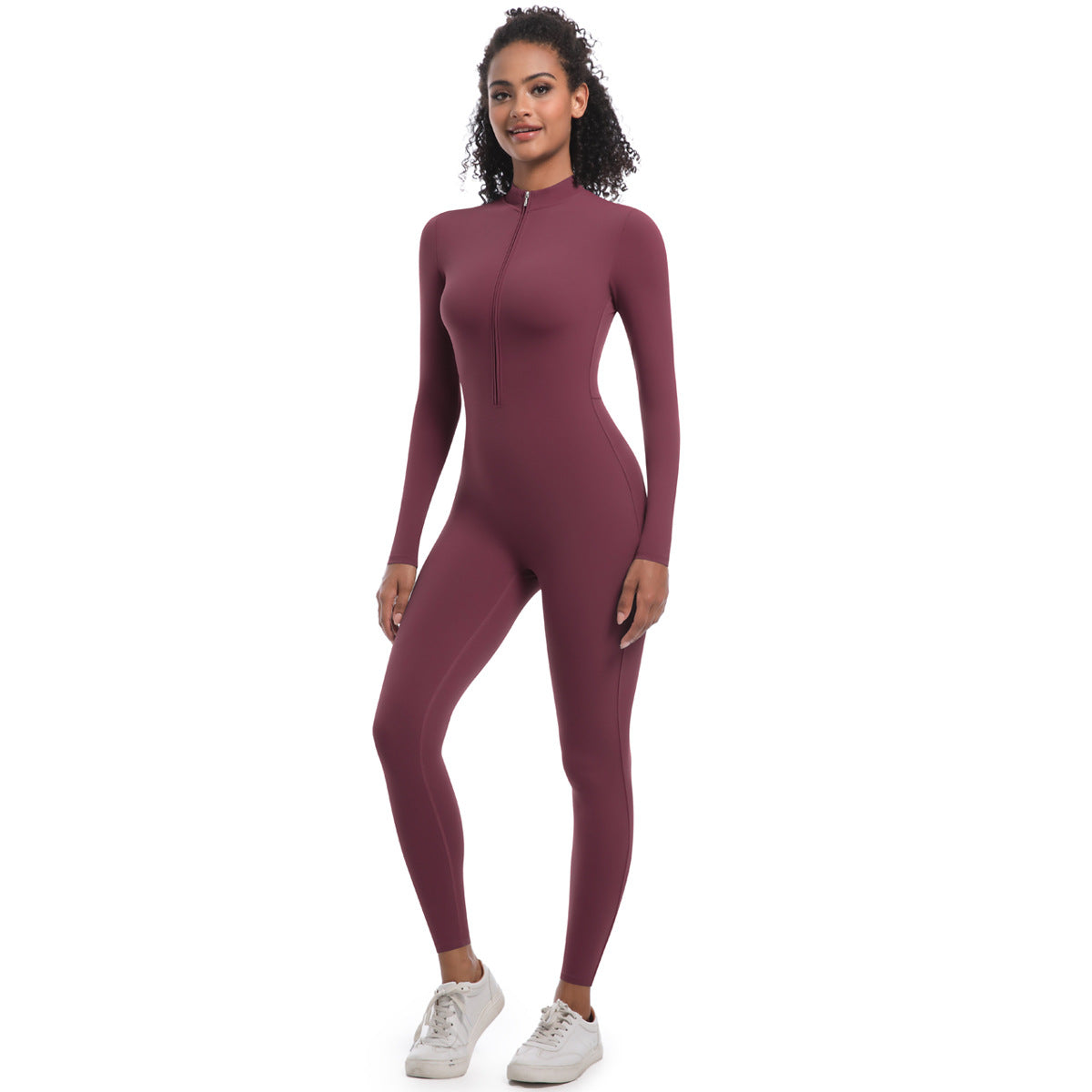 Zipper Nude Feel Long Sleeve Yoga Jumpsuit High Strength Running Fitness Clothes Sports Trend One Piece Tights Purplish Red