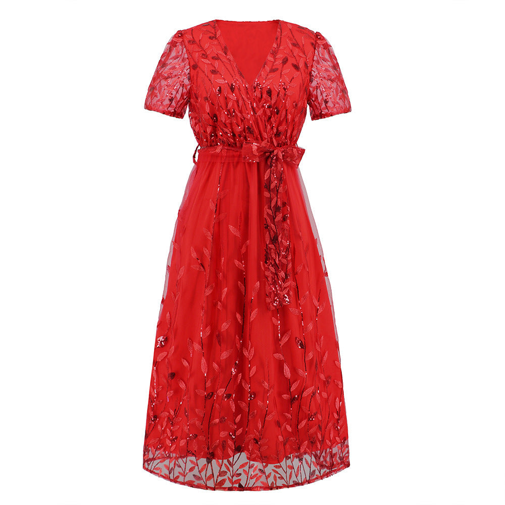 Women Embroidered Bright Yarn Mesh Dress Fashionable Slim Fit V neck Mid Length Dress Red