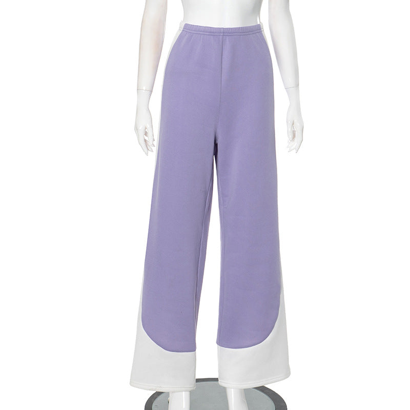 Women Clothing High End Casual Mixed Color Stripe Elastic Waist Loose Wide Leg Pants Purple