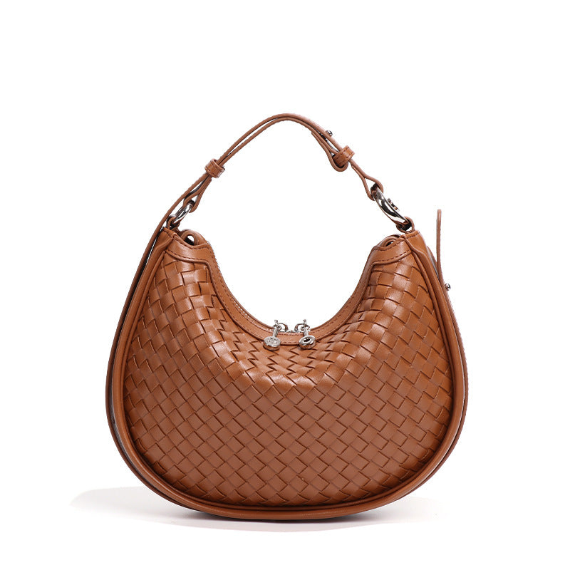 Woven Bag Women Woven Bag Idle Soft Leather Textured Oval Saddle Hand Carrying Selenodont Bag One Size Brown