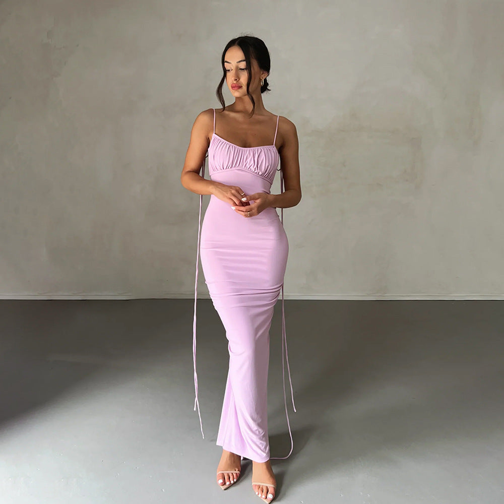 Women Sexy Dress Sexy Backless Pleated Dress Evening Dress Sleeveless Strap Dress for Women violet