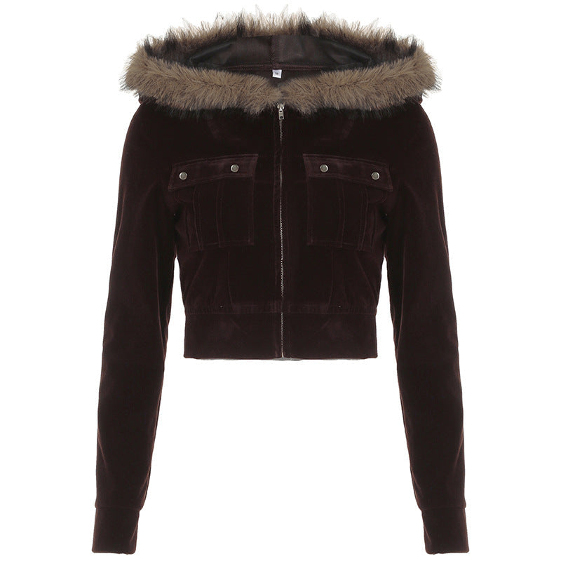 Women Fur Stitching Hooded Zip Cardigan Pocket Design Jacket Autumn Winter Solid Color Sexy Velvet Coat