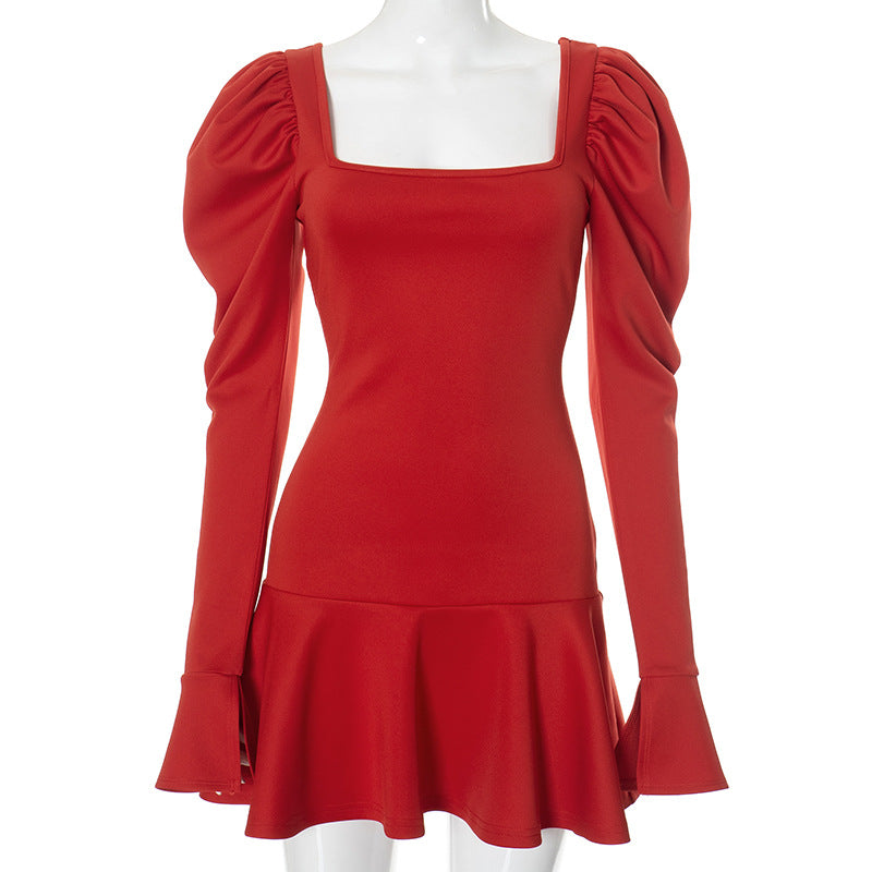 Women Clothing Solid Color Square Collar Puff Sleeve Waist Trimming Ruffles Short Dress Red