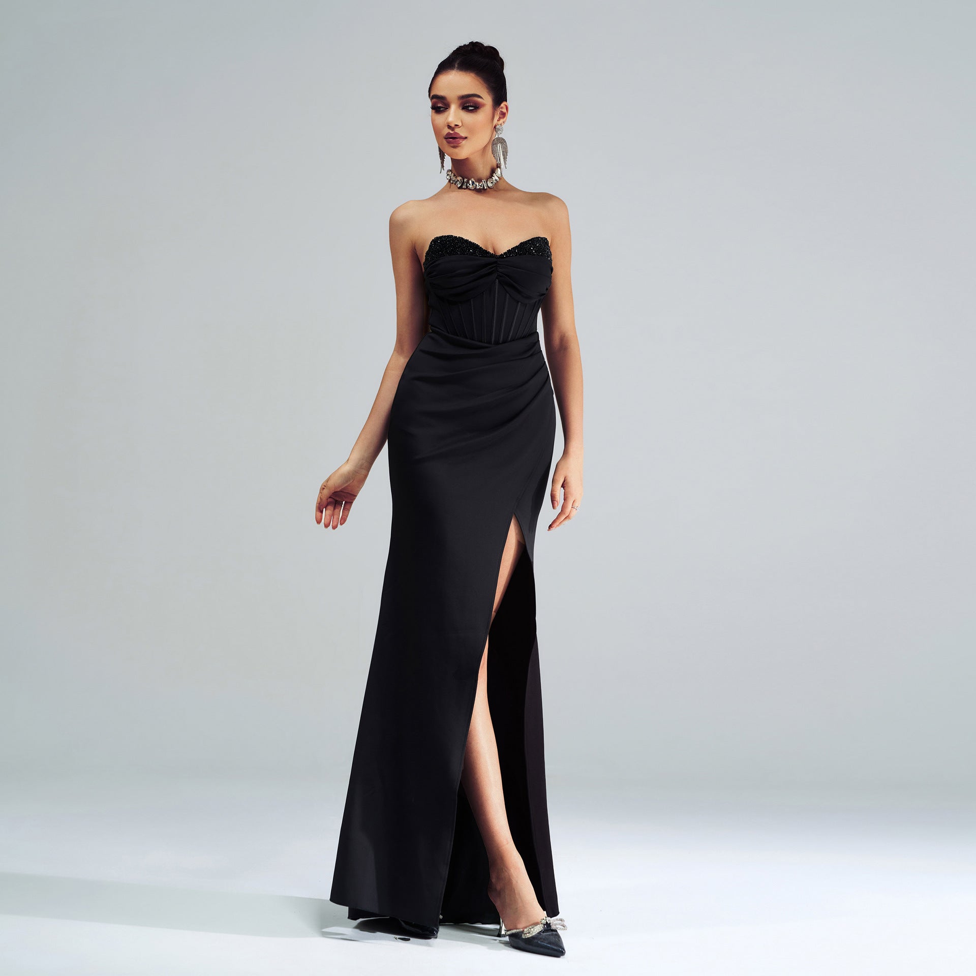 Women Clothing High Grade off Neck Wrapped Chest Sheath Split Cocktail Evening Dress Bridesmaid Dress Black