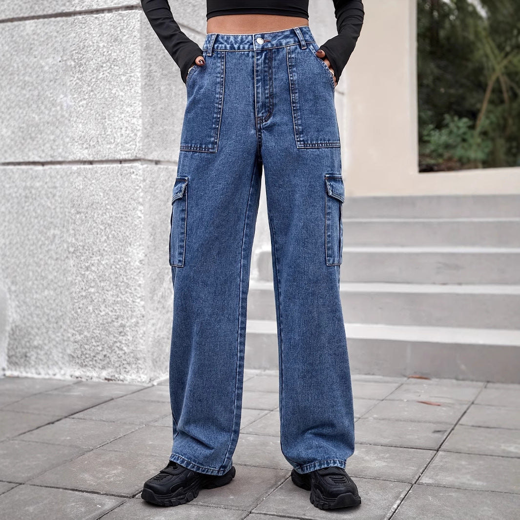 Women Clothing Tooling Multi Pocket Wide Leg Denim Trousers