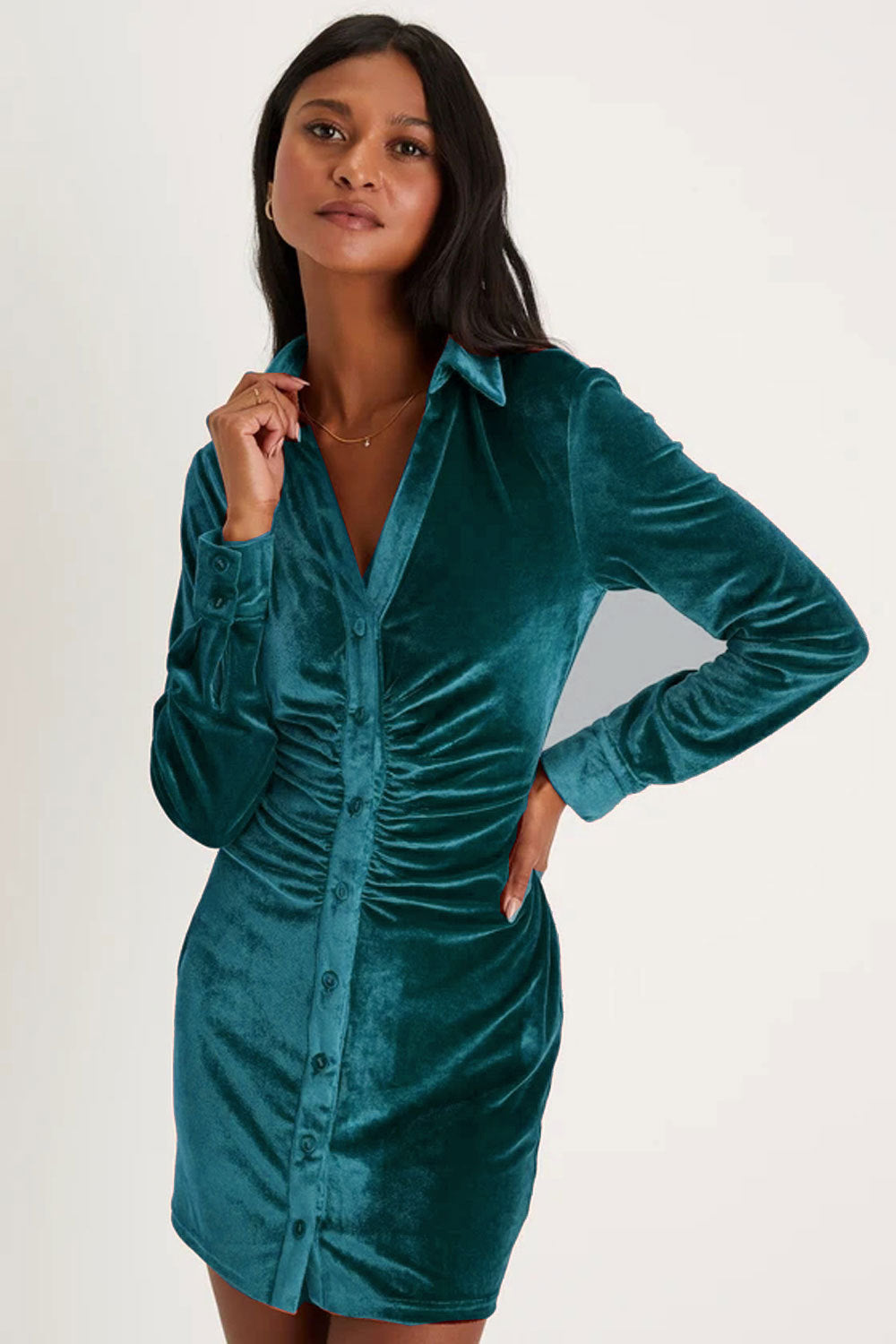 Women Clothing Velvet Shirt Women Long Sleeved Single Breasted Small Pleated Waist Tight Shirt Sheath Dress Peacock green