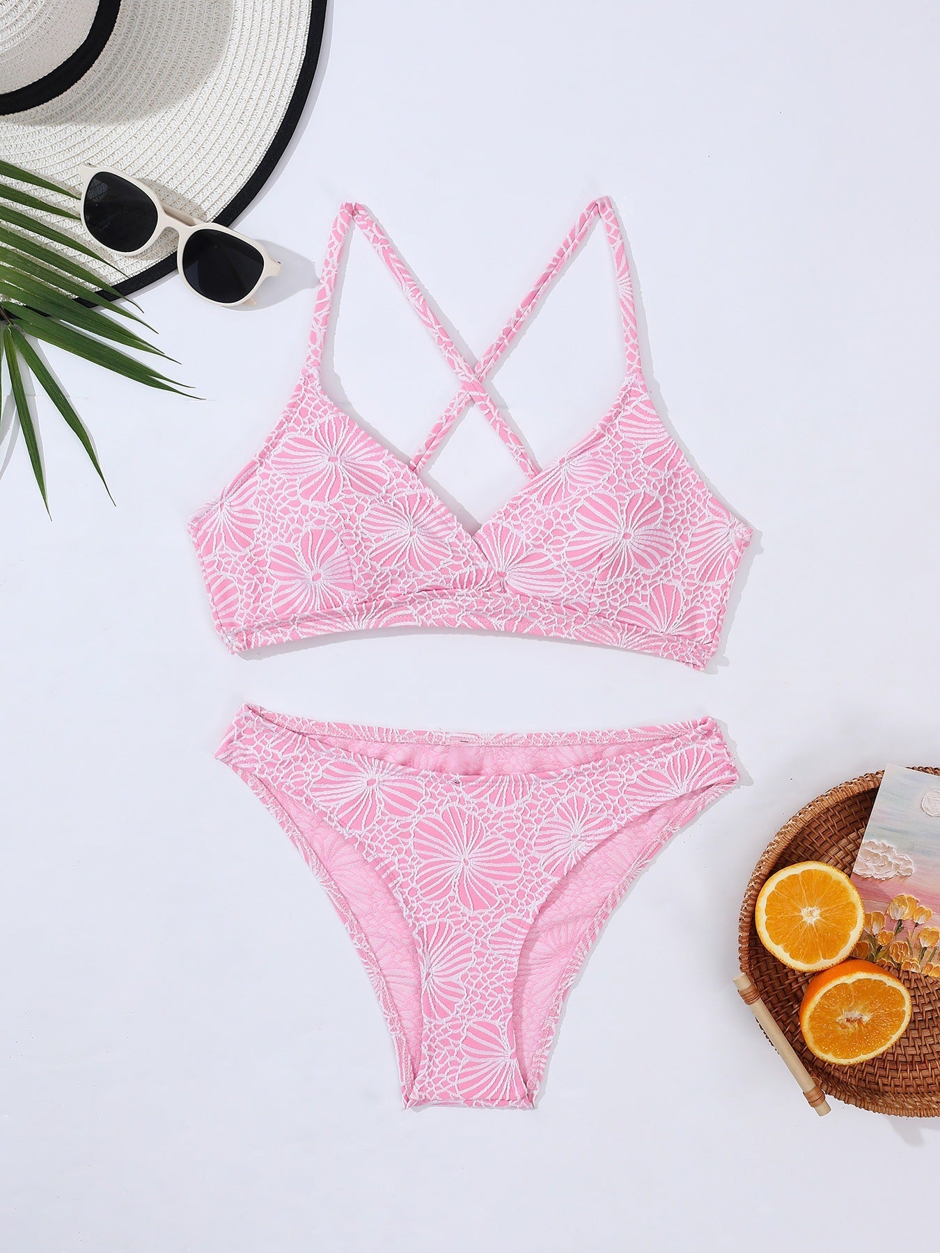 Women Vacation Lace up Sexy Bikini Swimsuit Pink