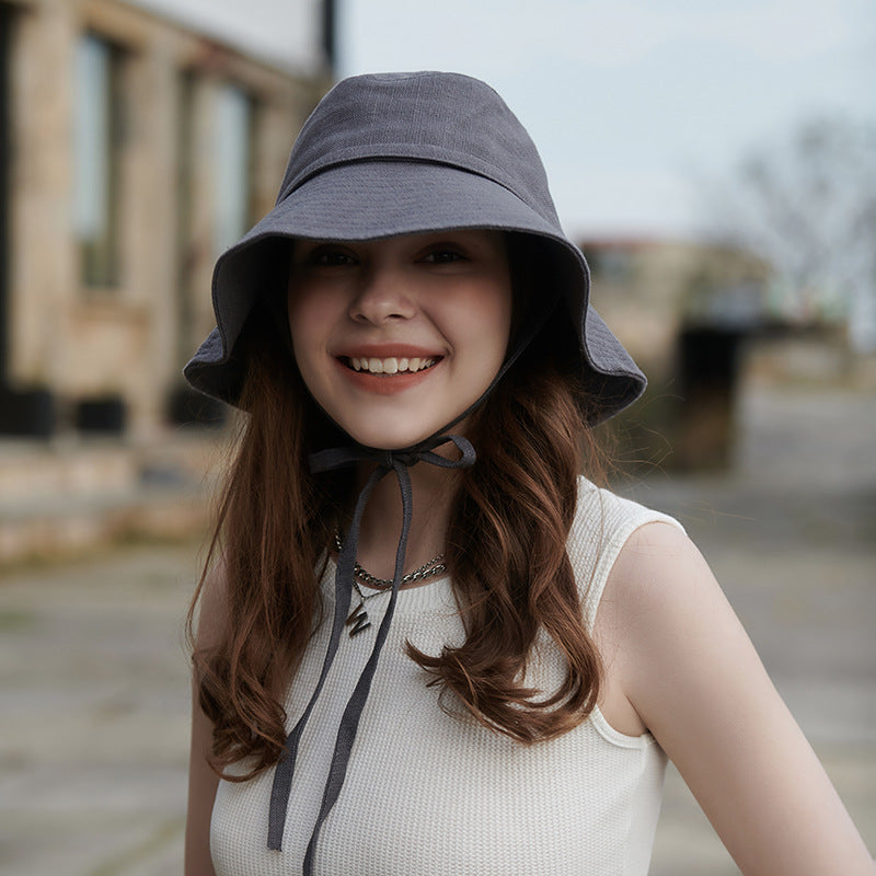 Spring Summer Casual Sun Proof Lace up round Face Wide Brim Dome Bucket Hat Big Head Circumference Face Looking Small Sun Hat One Size Gray