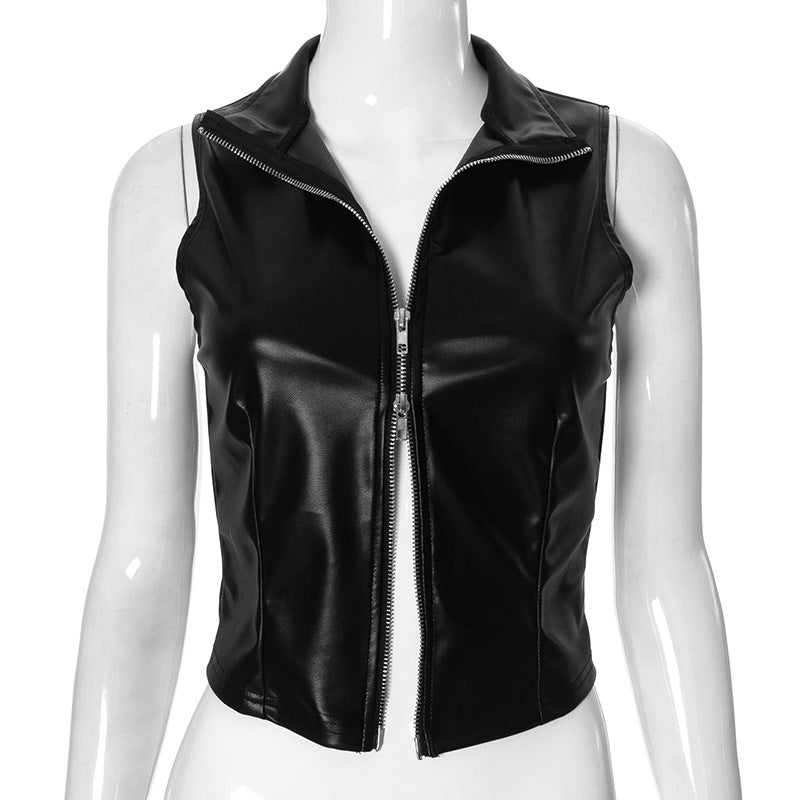 Women Clothing Solid Color Stand Collar Leather Glossy Zipper Vest Cardigan Black