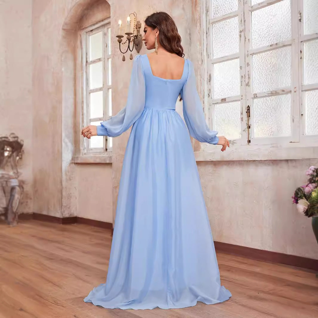 Spring Summer Women Chiffon Square Collar Dress Lantern Sleeve Elegant Graceful Ground Dress