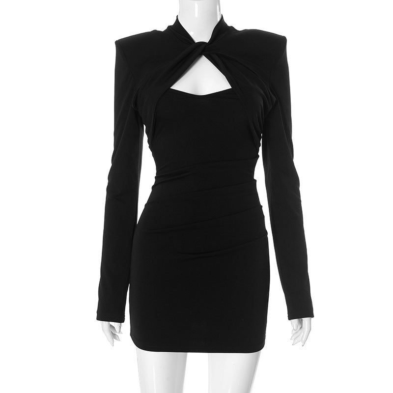 Women Clothing Solid Color Casual Twist Padded Shoulder Waist Tight Hip dress Black