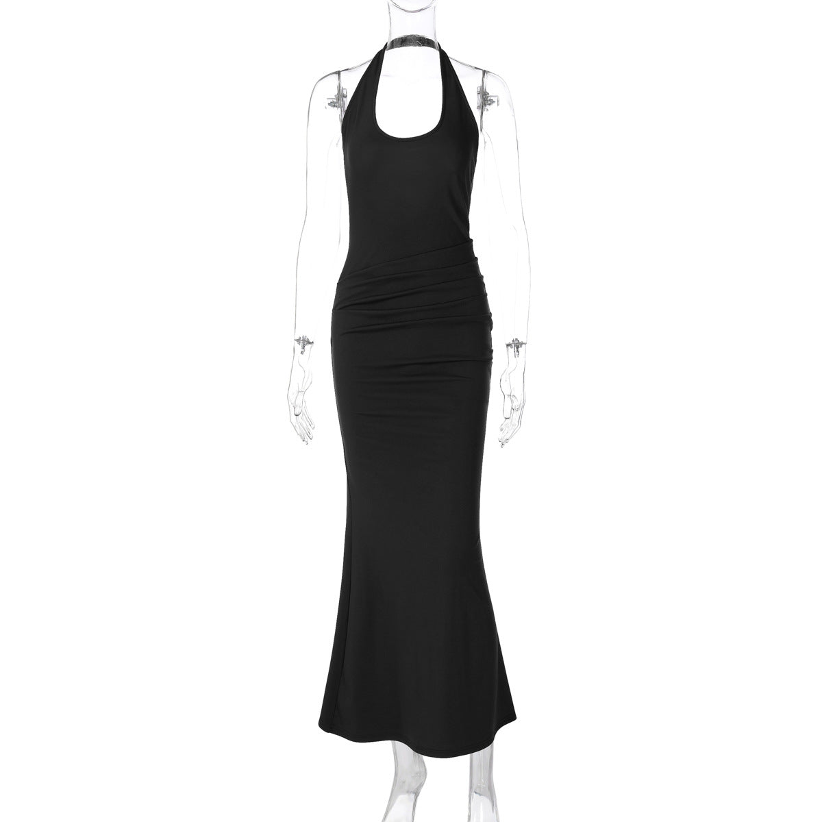 Women Clothing Sexy Deep V Plunge neck Hollow Out Cutout out Halter Slim Solid Color Sleeveless Sheath Dress Black