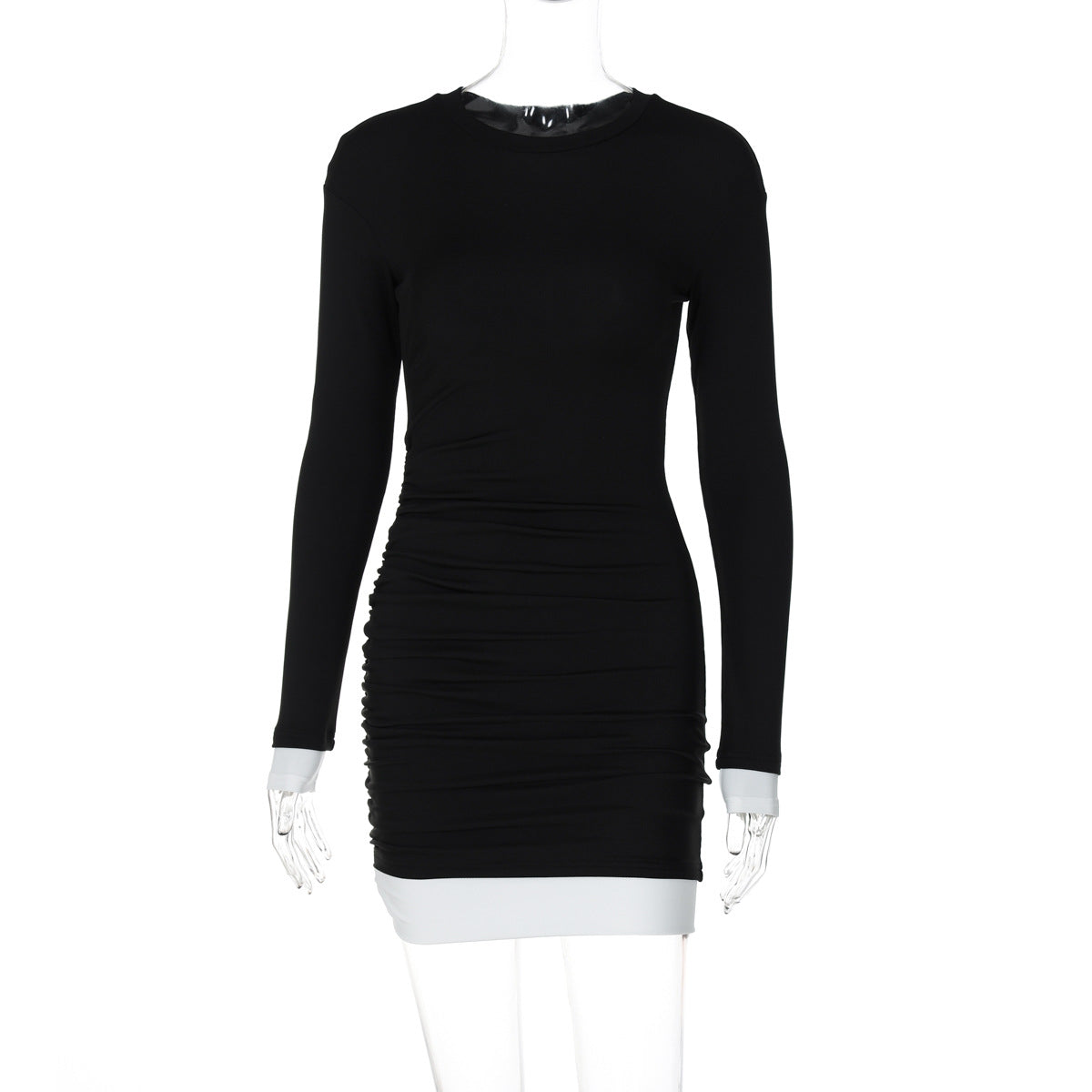 Women Clothing Autumn round Neck Long Sleeve Color Matching Pleated Slim Sheath Dress Black