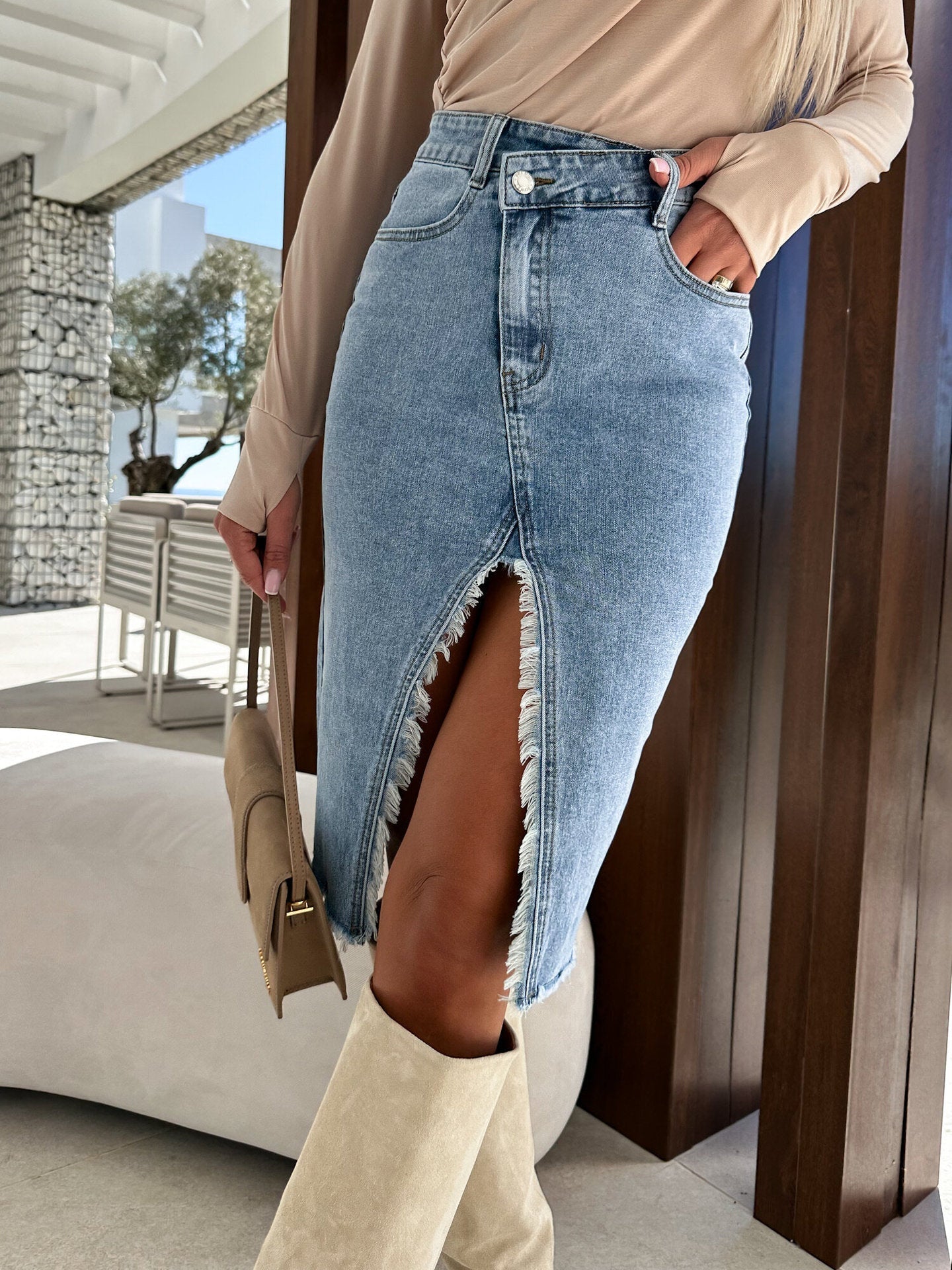 Spring Summer Fresh Sweet Slit Fashionable Casual Solid Color Denim Package Hip Skirt Blue