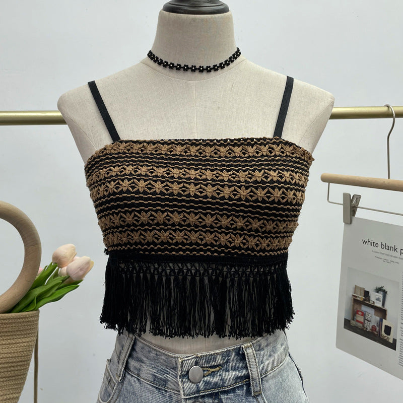 Women Burrs Tassels Stitching Striped Camisole Short Cropped Sleeveless Tube Top One Size Brown