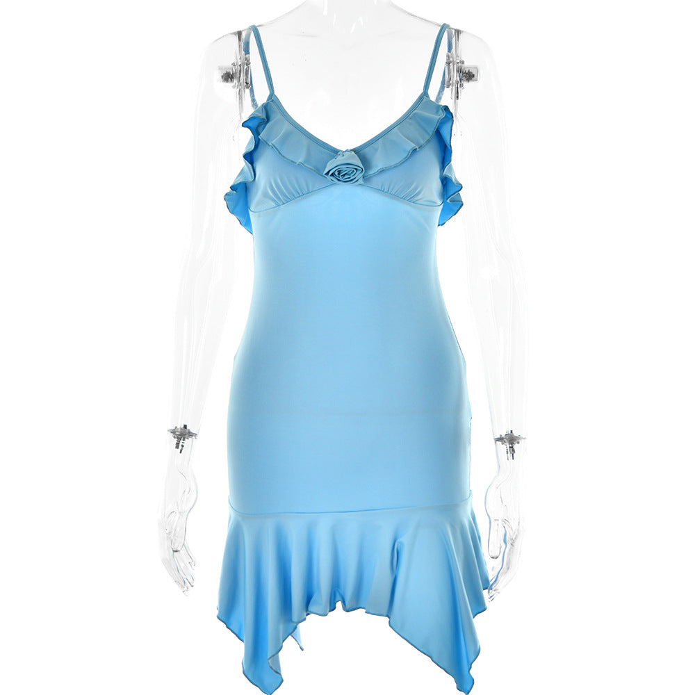 V neck Brace Dress Sexy High Waist Backless Hip Blue