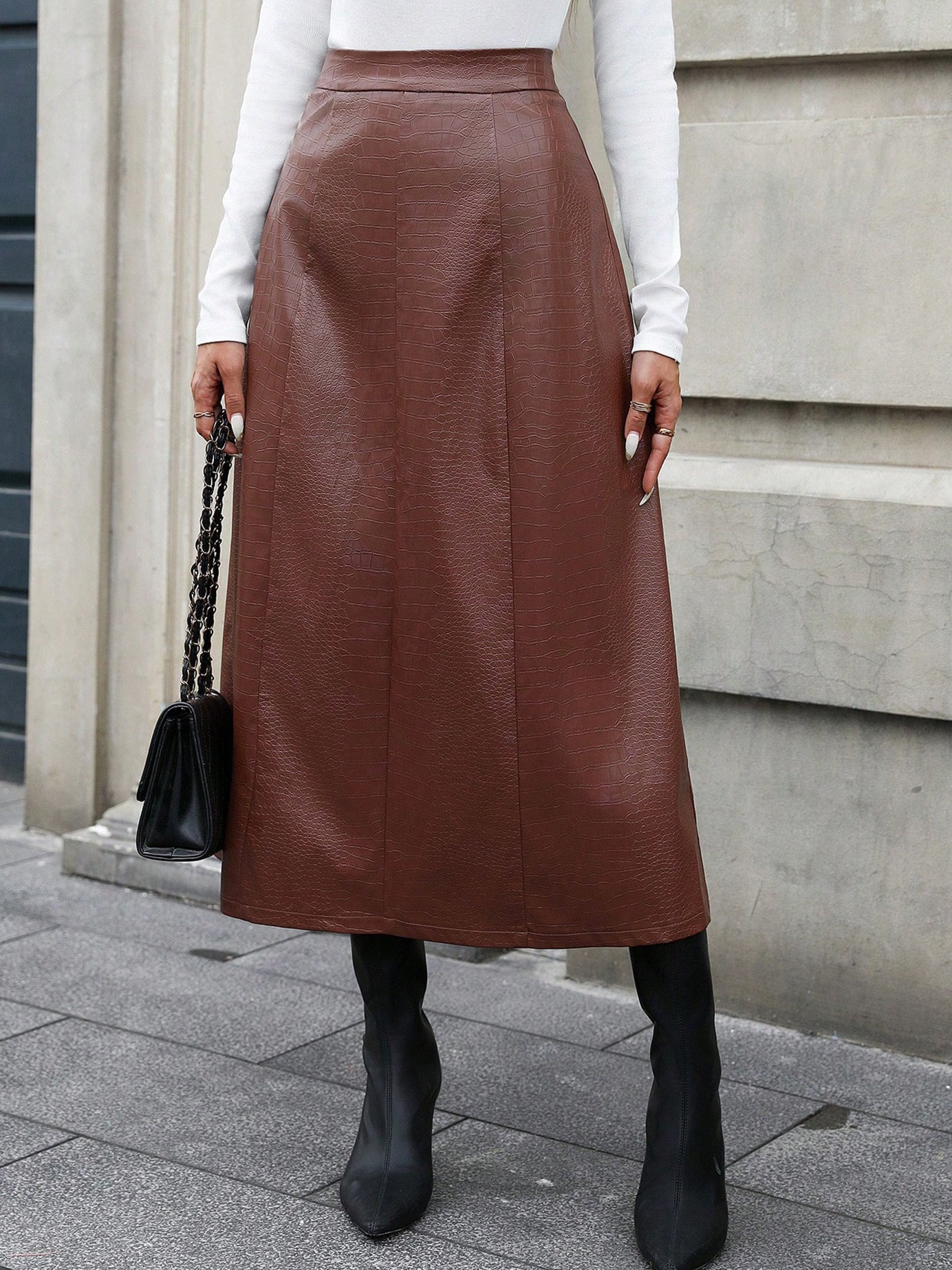 Women Clothing Autumn Winter A line Large Hem Faux Leather Skirt Mid Length Skirt Brown