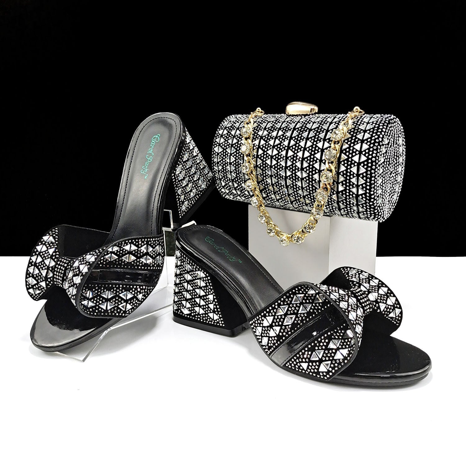 Women Shoes Bags Two Piece Sets Summer Mouth High Heel Slippers Color Matching Rhinestone Embellished Cylindrical Bag Casual Silver