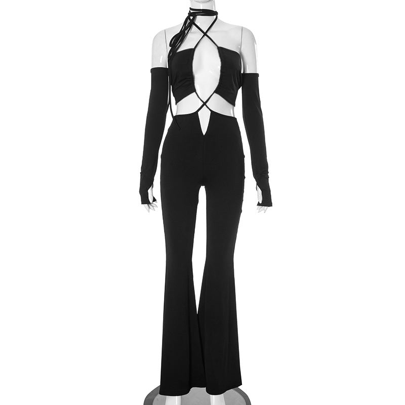 Women Clothing Solid Color Hollow Out Cutout out Strap Design Sexy Horn One Piece Trousers Black