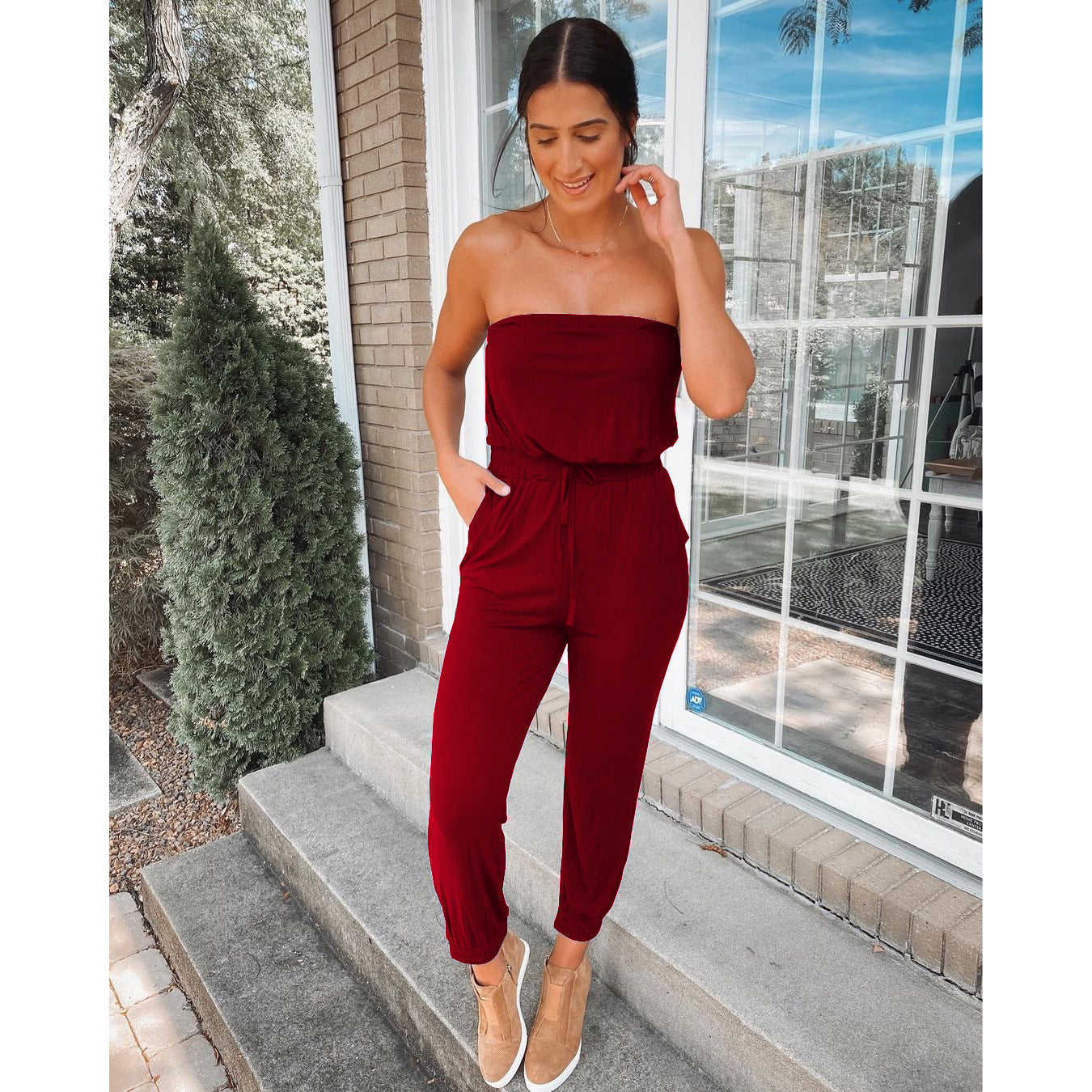 Spring Summer off Neck Backless Loose Bodysuit Home Casual Jumpsuit Women Burgundy