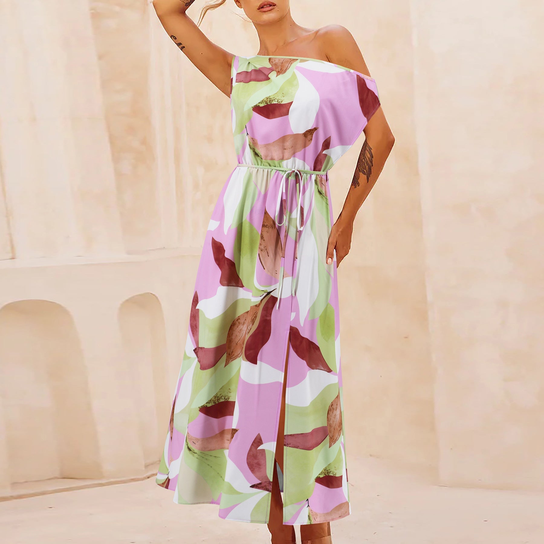 Spring Summer Elegant Slim Printed Dress Off Neck Slit Belt Dress Multcolor-3