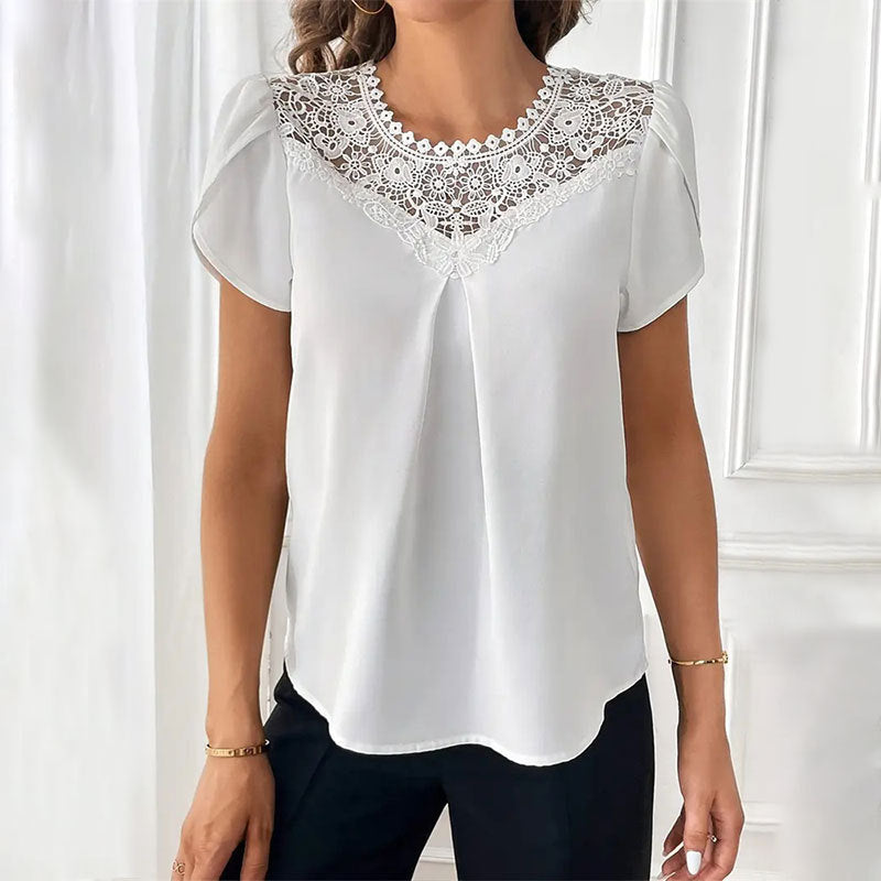 Women Solid Color Lace Puffed Sleeves Short Sleeved T shirt Women Spring Summer Top