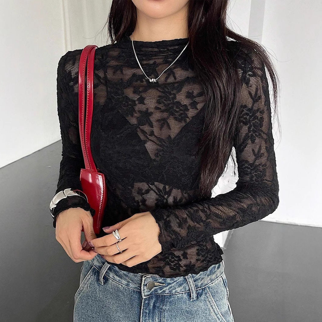 Women Small Stand Collar Transparent Lace Tight Long Sleeved T shirt Top Women