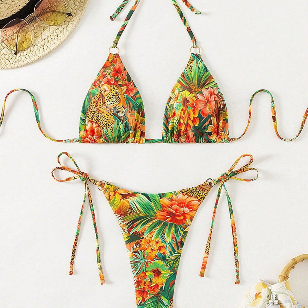 Swimwear Printed Bikini Sexy Bikini Women Lace up Halter Ring Split Swimsuit