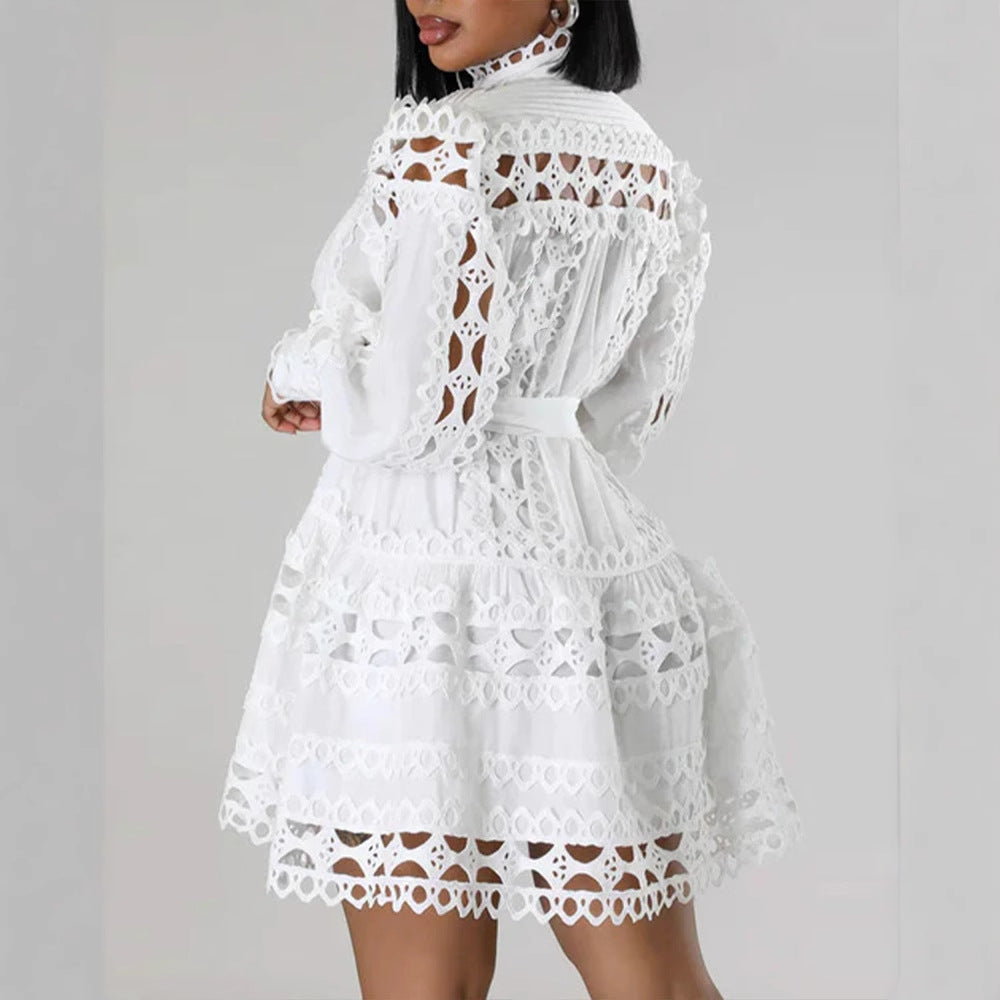 Women Lace Stitching Hollow Out Cutout Long Shirt Dress