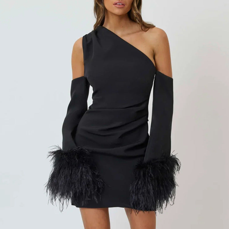 Arrival Sexy Slim Fit Dress One Shoulder Design Stitching Horn Furry Sleeves Short Dress S Black