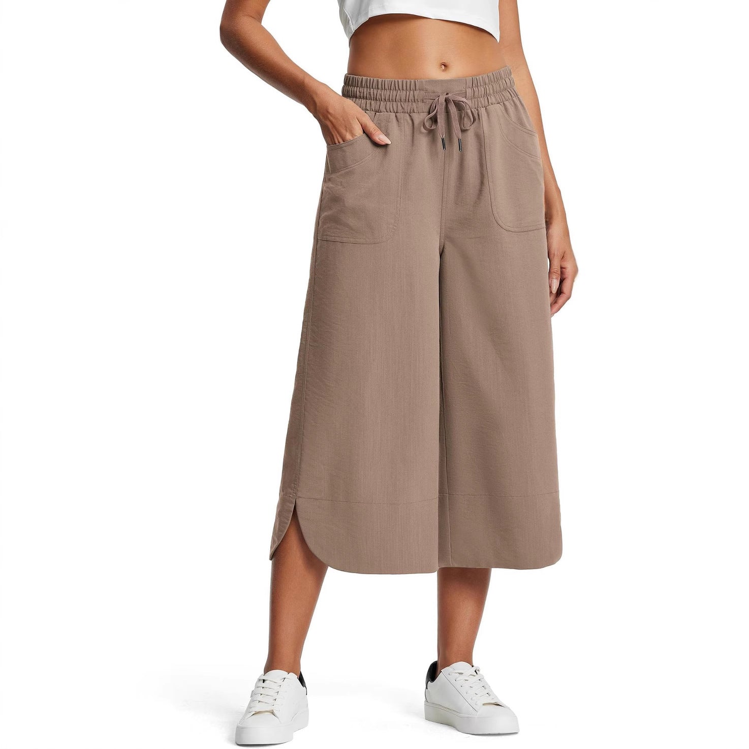 Spring Summer Elastic Waist Solid Color Wide Leg Loose Casual Cropped Pants for Women