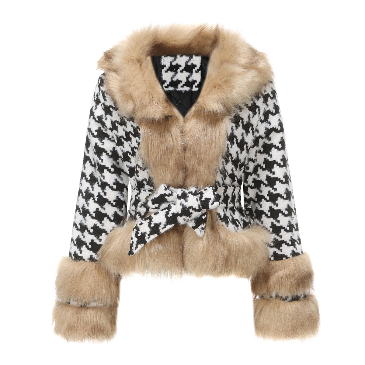 Women Autumn Winter Plaid Coat Detachable Short Fur Collar Tops Houndstooth Khaki