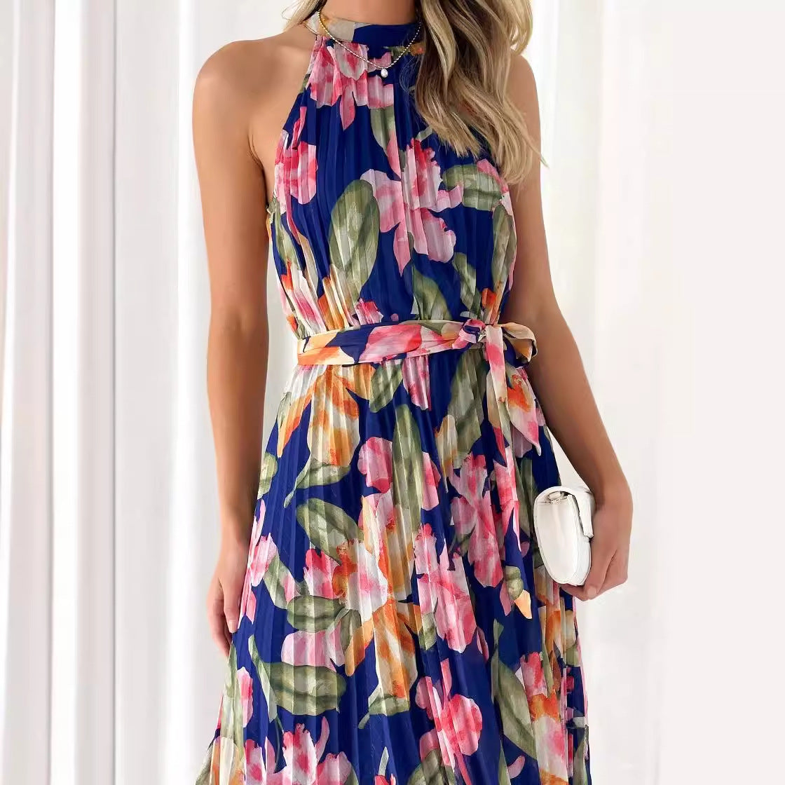 Spring Large Swing Dress Sexy Vacation Sleeveless Lace Printing Halter Dress Women