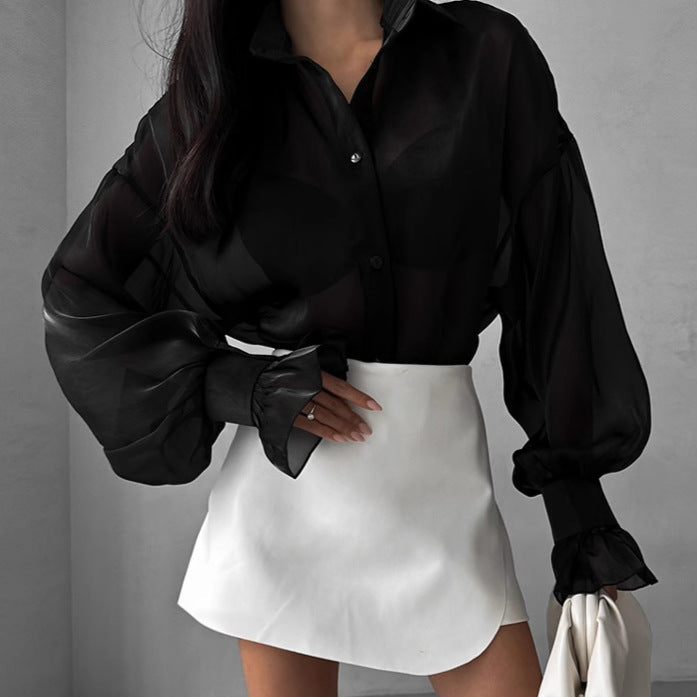 Spring Summer White Collared Sexy See through Yarn Shirt Ruffle Top