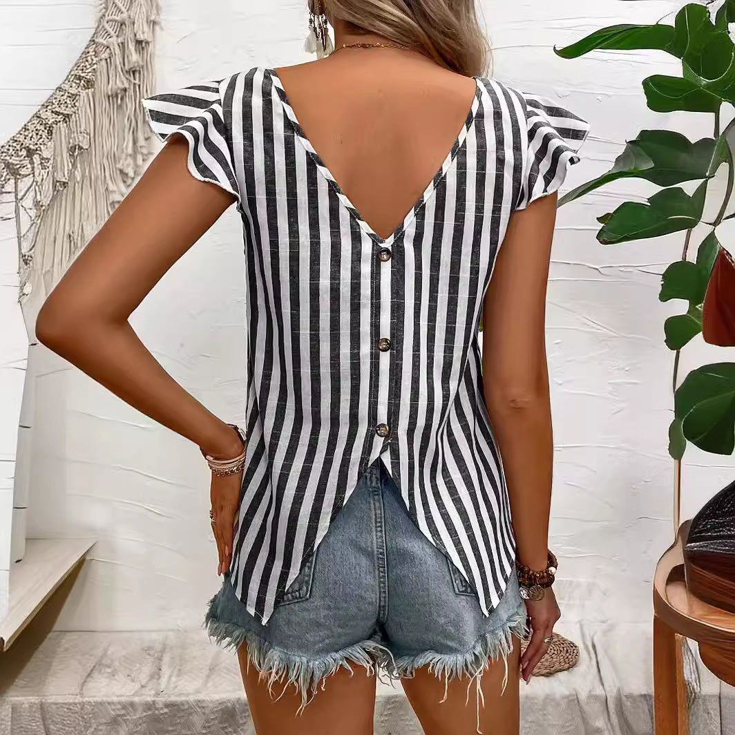 Women Striped V neck Back Decorative Buttons Flying Sleeves Sleeveless Top Women Loose T shirt Spring Summer