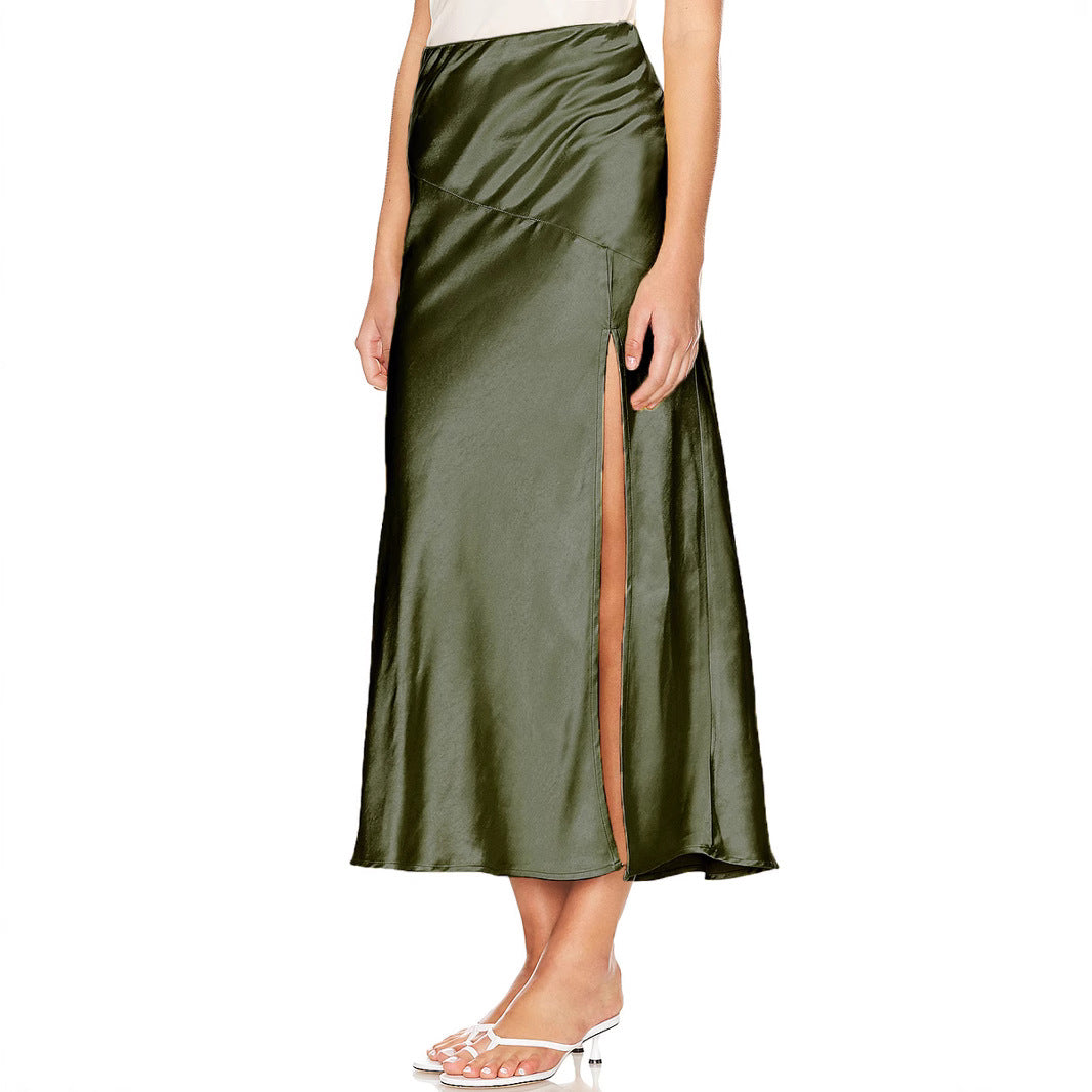 Women Satin Skirt High Waist Elastic Split Long Skirt Sexy Patchwork Hip Skirt for Women