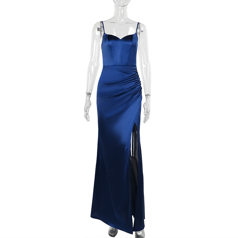 Autumn Sexy Maxi Dress Elegant Slim Fit Pleated Sleeveless Split Dress for Women Blue