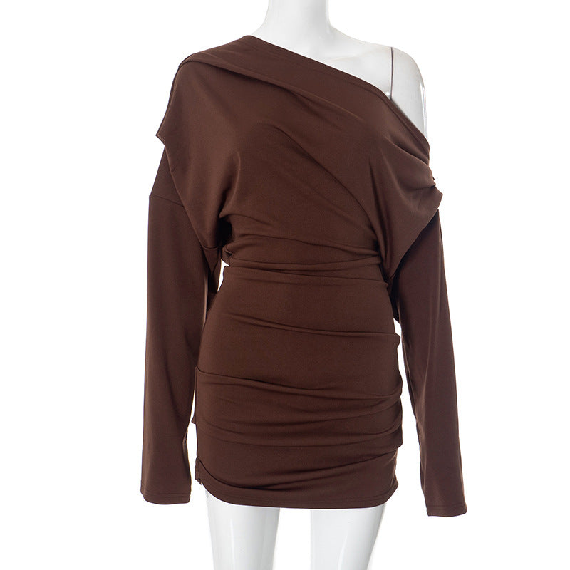 Women Sexy Mature Solid Color Long Sleeve off the Shoulder Upper Body Loose Short Dress Brown