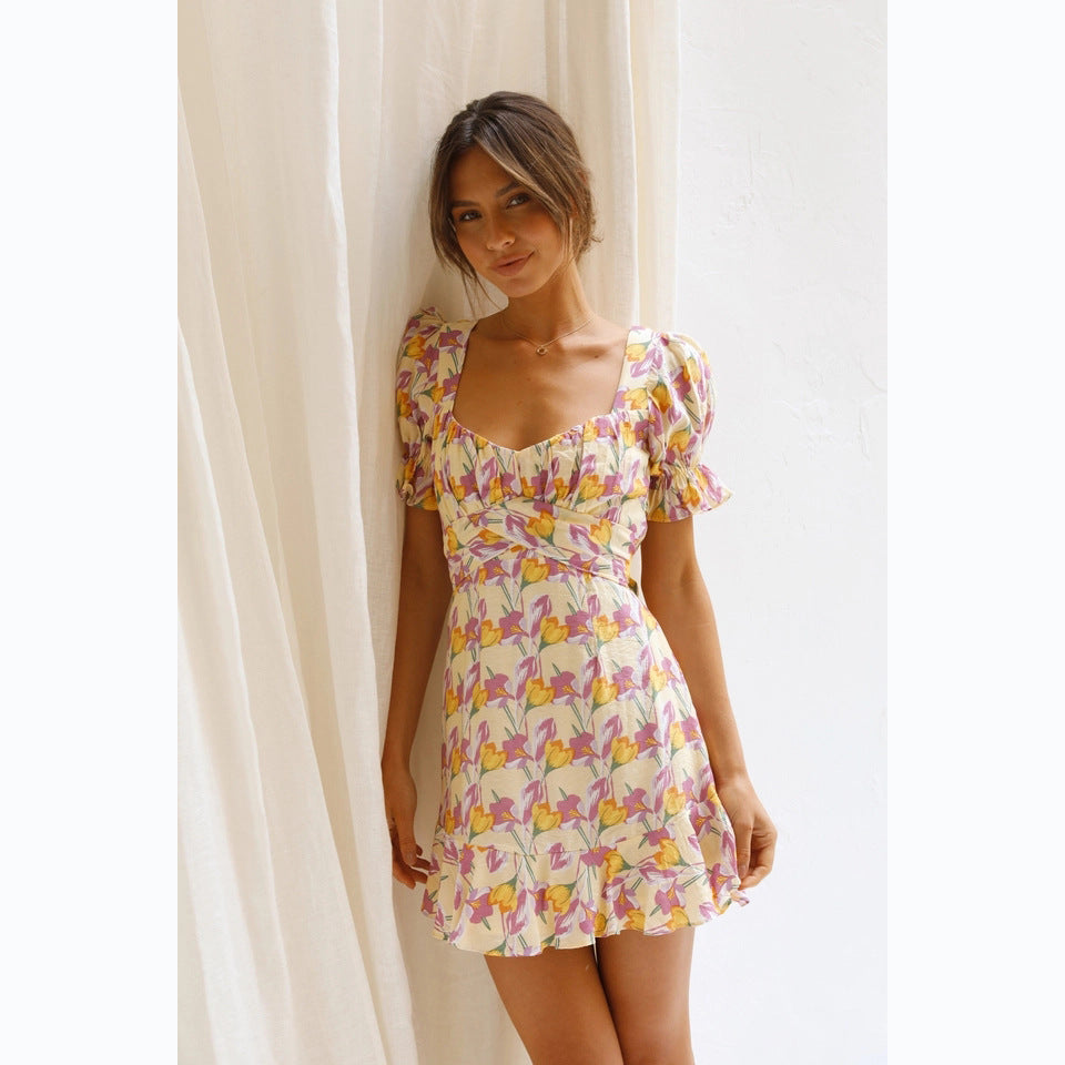 Spring Summer Digital Floral Print Fresh Sweet A- line Short Dress