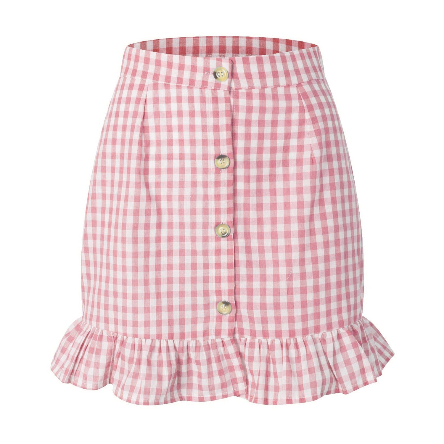 Summer Women Clothing Plaid Lotus Leaf Skirt High Waist Single Row Button Small Plaid Skirt for Women Pink