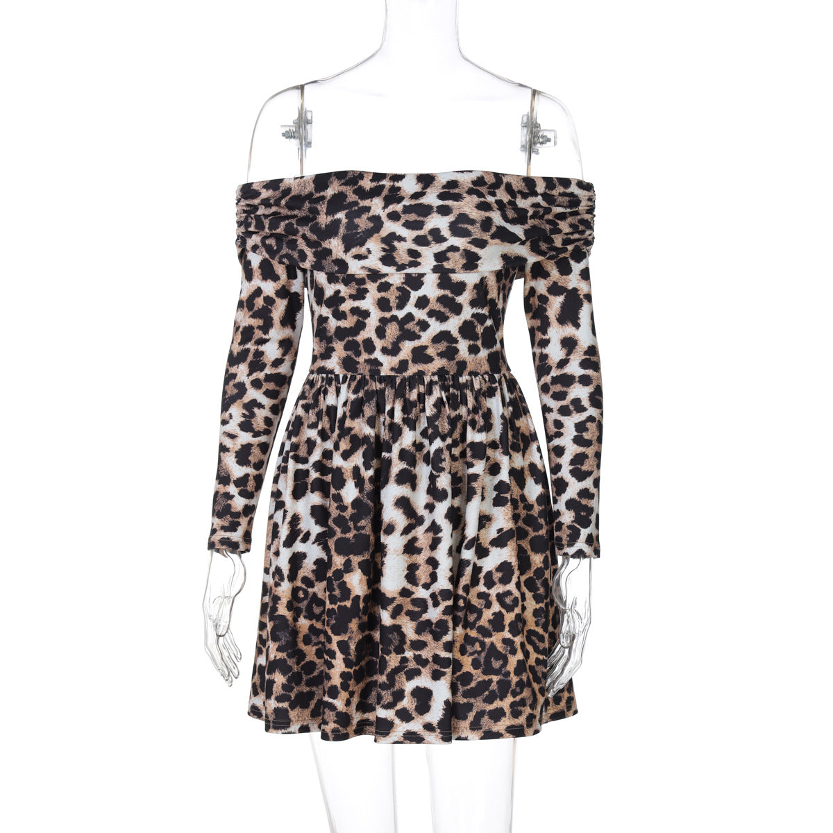 Women Clothing Winter off Neck Short Elegant Shoulder Baring Long Sleeve Pleated Dress Leopard