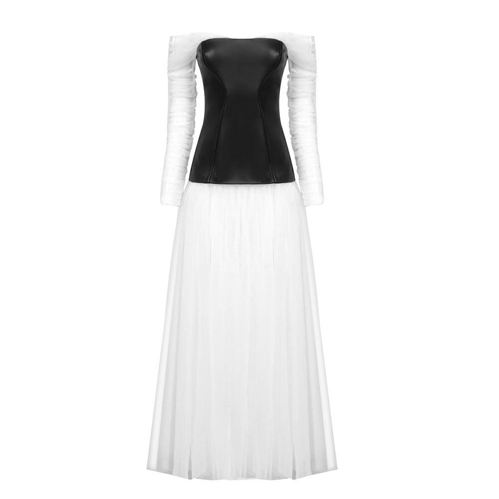 Winter White Mesh Faux Leather Patchwork Dress Long Sleeve Petti dress Cocktail Tube Top Dress Organza White