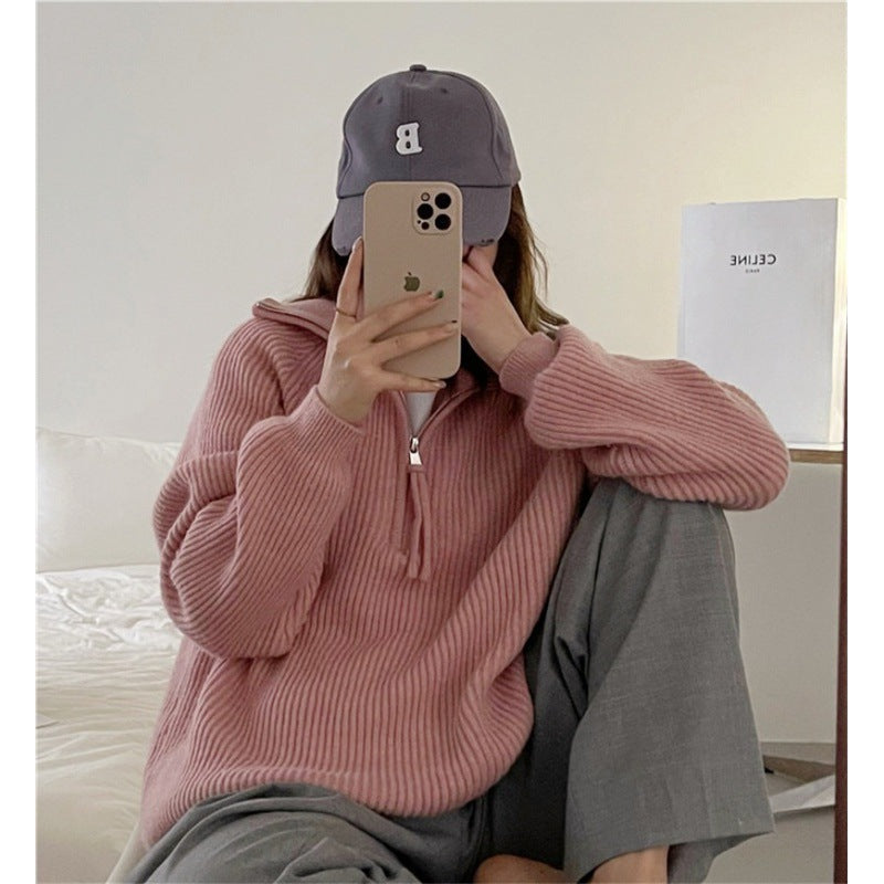 Sunken Stripe Half Zipper Sweater Women Design Stand Collar Soft Glutinous Loose Lazy Outerwear Sweater Top Women One Size Pink