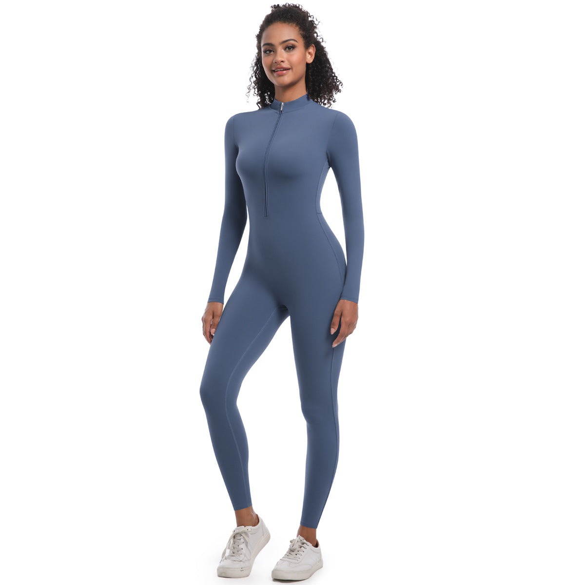 Zipper Nude Feel Long Sleeve Yoga Jumpsuit High Strength Running Fitness Clothes Sports Trend One Piece Tights Ink Blue