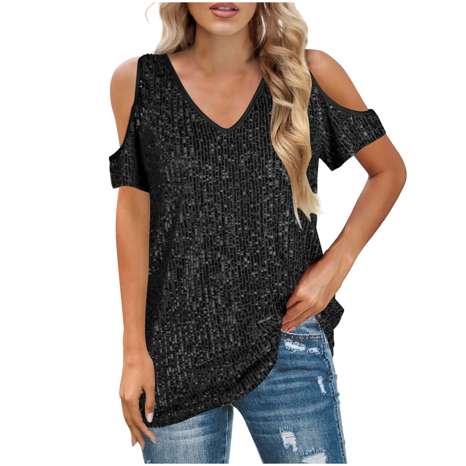 Women Short Sleeve off the Shoulder V neck Sequined T shirt Top Women