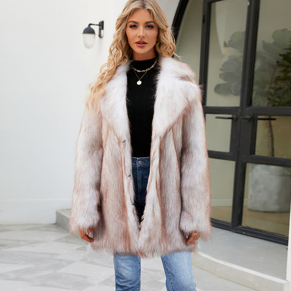 Women Faux Fur Top Women Fur Mid Length Collar Casual Coat