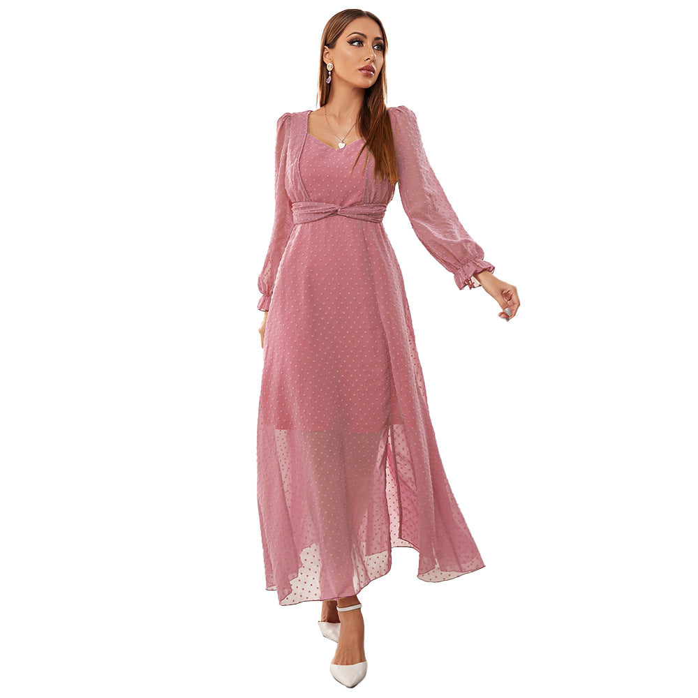 Women Clothing Dress Autumn Winter Arrival Pink Voile Long Dress High Waist Slim Fit Pink