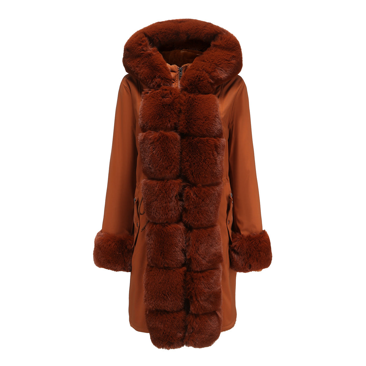 Winter Cotton Coat Women Detachable Fur Collar Mid Length Long Sleeve Parka Solid Color Hooded Warm Cotton Padded Jacket Orange